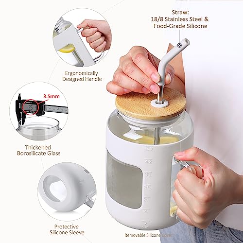 WINSA 50 oz Glass Water Bottles with Silicone Sleeve,Glass Tumbler with Lid and Straw,Iced Coffee Cup with Handle,BPA Free-White - color: White