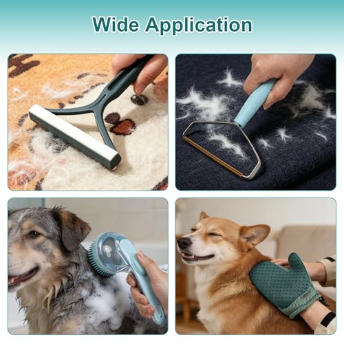 4-in-1 Pet Hair Remover Kit for Cat & Dog Fur Remover for Couch, Carpets & Clothing - Pet Hair Remover Grooming Glove & Pet Bath Scrubber with Shampoo Dispenser