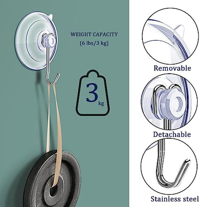 Suction Cup Hooks,6 PCS Clear Suction Cup for Glass Window Decor Shower Bathroom Glass Window Shower Kitchen, Reusable PVC Cups with Removable Stainless Hooks, Assorted (6)