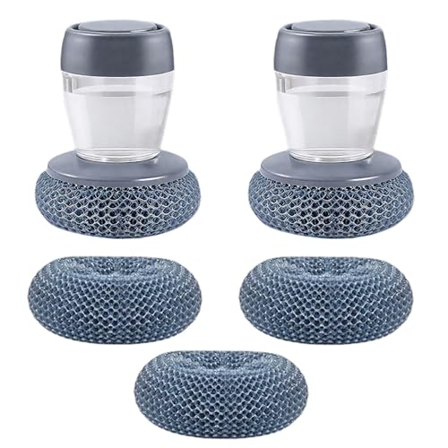 Dish Brush with Soap Dispensing, 2 Pack Kitchen Brush with Holder for Pot Pan Dish Stove Grill Sink Bathtub Tile Household Cleaning, Scrubber Press Automatic Liquid Wash Pots, with 3 Replacement Pads - color: Grey - Plastic+pet