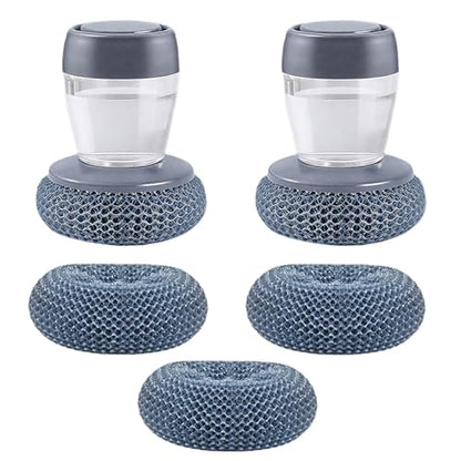 Dish Brush with Soap Dispensing, 2 Pack Kitchen Brush with Holder for Pot Pan Dish Stove Grill Sink Bathtub Tile Household Cleaning, Scrubber Press Automatic Liquid Wash Pots, with 3 Replacement Pads - color: Grey - Plastic+pet