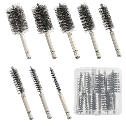MAXMAN Stainless Steel Bore Brush, 8pcs Wire Brush for Drill, Durable Metal Bristles Twisted, 8 Size Set Multiple Diameter Options, 1/4 Inch Hex Shank, for Power Drill Impact Driver & Tube Cleaning