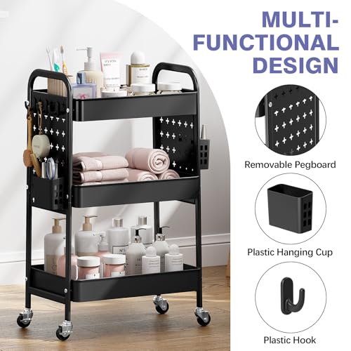 KINGRACK 3 Tier Rolling Cart with DIY Pegboard, Metal Utility Cart with Wheels, Hooks & Baskets, Sturdy Storage Organizer for Craft, Bathroom, Kitchen, Office, Nursery, Classroom - color: Black