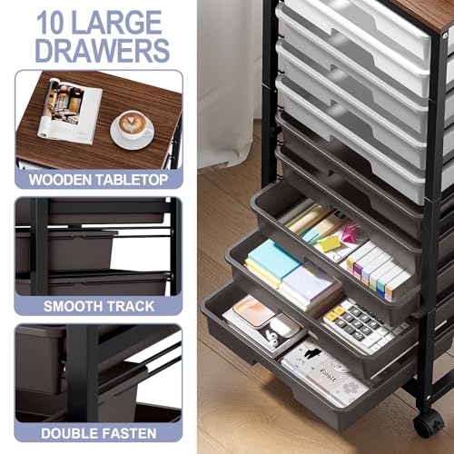 SYKIARIOL Rolling Cart with Drawers,10 Drawer Rolling Cart,Storage Cart,Utility Cart,Teacher Cart for Classroom Storage,Craft Cart with Wheels and Wooden Tabletop,Grey - color: Grey