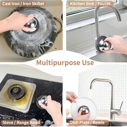 Steel Wool Scrubber Set, 2 Pack Stainless Steel Scrubber with Stainless Steel Handle for Cleaning Dish, Cast Iron, Stock Pot, Pan, Griddle, Grill, Stove, Sink, Bathtub, Tile, with 3 Replacement Pads - color: Silver - Steel