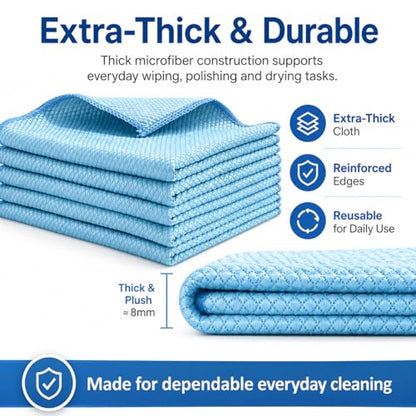 Microfiber Cleaning Cloths for Glass, Ultra-Fine, Highly Absorbent, Streak-Free, Fish-Scale Pattern, Extra-Thick, Blue, 5-Pack