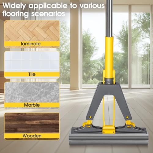 Sponge Mop,Masthome Roller Sponge Mop,Easy Self Squeeze Mop and Stainless Steel Handle,PVA Mops with 3 Absorbent Mop Refills for Home Use Tile Floor Bathroom Cleaning - color: Yellow-grey