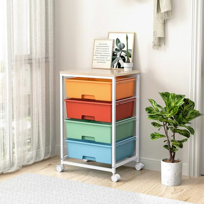 Utility-Rolling-Storage-Drawer-Craft-Cart-Organizer with 4 Drawers and Wooden Tabletop & Lockable Wheels for Home Office, Bedroom, Kids Room, Classroom, 4 Tiers Under Desk Drawer Cart, Macaron - color: Macaron