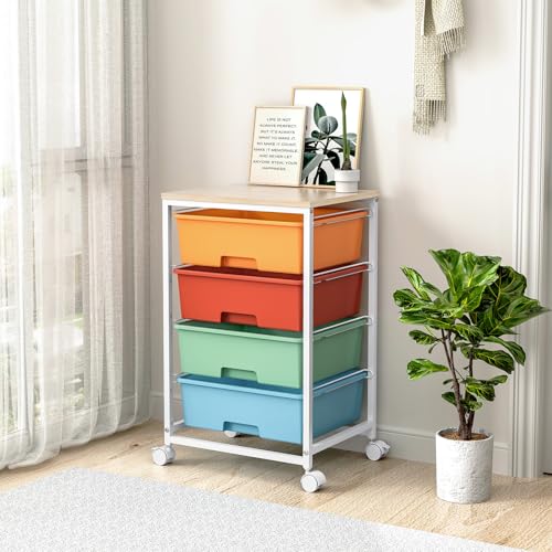 Utility-Rolling-Storage-Drawer-Craft-Cart-Organizer with 4 Drawers and Wooden Tabletop & Lockable Wheels for Home Office, Bedroom, Kids Room, Classroom, 4 Tiers Under Desk Drawer Cart, Macaron - color: Macaron