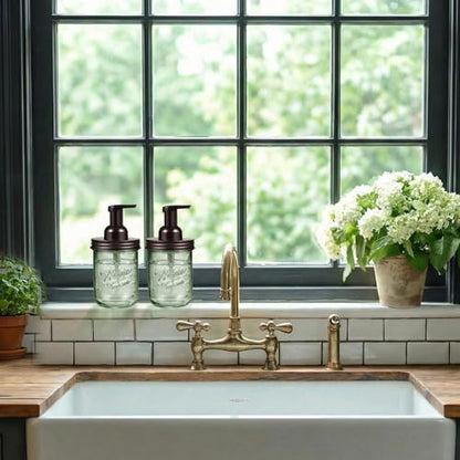 SheeChung Mason Jar Foaming Soap Dispenser, Stainless Steel Lid, BPA Free Pump, Green Glass Foam Hand Soap Dispenser, 16 Oz Refillable Liquid Foam Dispenser Bottle for Bathroom Kitchen-Bronze, 2 Pack - color: Wide Mouth, Bronze-2 Pack