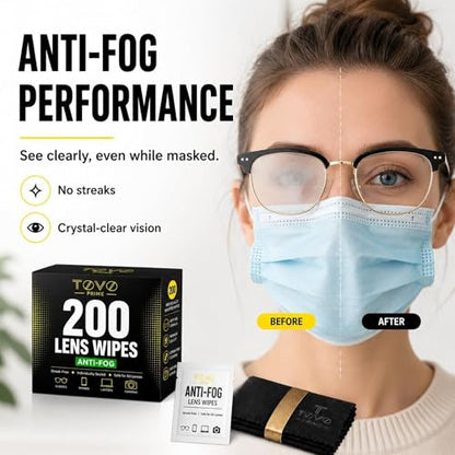 Lens Wipes for Eyeglasses, 200 Count Eye Glasses Cleaner Wipes, Pre-Moistened Individually Wrapped Glasses Cleaner Wipes, Anti Fog Streak-Free Lens Cleaning Wipes for Sunglasses & Screens