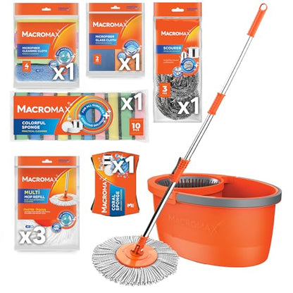 Home Cleaning Kit with Faster Spin Mop Bucket Refills Cloths Sponges Scourers Household Supplies Set