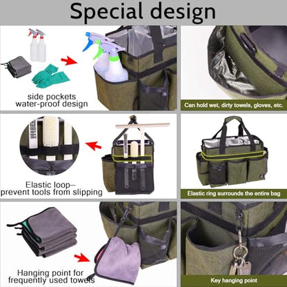 Large Cleaning Caddy Bag Built-in Sturdy Support Board, Cleaning Organizer with Detachable Divider, Cleaning Supply Tote with Adjustable Shoulder Strap&Waist Belt for Cleaners & Housekeeper - color: Green