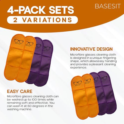 Finger Grip Eyeglass Cleaner (4 Pack) – Premium Microfiber Glasses Cleaning Cloth for Eyeglasses, Sunglasses, Phone Screen & Camera Lens (Orange/Purple) - color: Orange/Purple