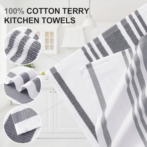 Homaxy Premium Kitchen Towels 18”x 28”, Large Cotton 380 GSM Kitchen Hand Towels, Stripe and Terry Dish Towel, Highly Absorbent Tea Towel Set with Hanging Loop, 12 Pack, Grey - color: Grey Stripe, style: 12-pack