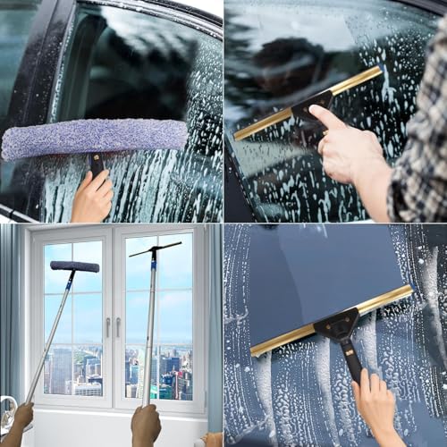 Pro Window Cleaning Kit with Storage Bucket, with 4 13 inch Extension Rods, Scrubber, Spray Bottle, Rag and Scraper with Rotating Head - Car/Home Glass Cleaning System