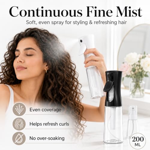 3 Pack Spray Bottles, Continuous Mist Sprayer, Water Spray Bottle for Hair, Hair Mister, 200ml x2 + 30ml Refillable Fine Mist Set - for Styling, Plants, Cleaning & Home Use (Black & White) - color: Black+White
