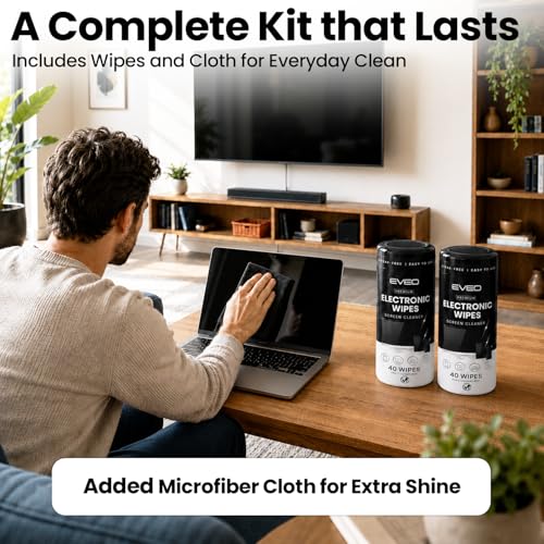 Electronic Wipes Screen Cleaner Streak-Free [2 Pack x40] Computer Screen Wipes, TV Screen Cleaner Wipes, Monitor Wipes for Smart TV, Laptop, iPhone, ipad and more - [Microfiber Cloth + 80 Wipes] - size: 2 Pack (80 Wipes)