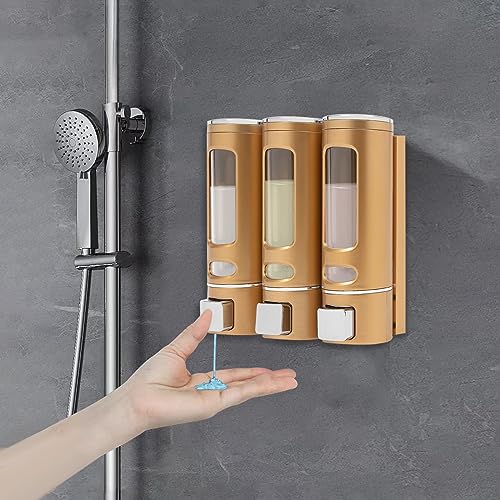 3-Head 400 ml Gold Soap Dispenser, Wall-Mount Triple Chamber Shampoo Conditioner Body Wash Pump, Bathroom Shower Gel Holder, Hotel Gym School Mall Refill Bottle, Adhesive or Screw Install