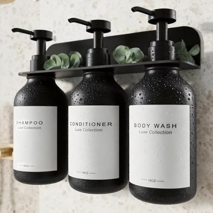 Refillable Shampoo and Conditioner Dispenser Set of 3 - Wall Mounted No Drill Pump with Bottles, 3 Chamber for Shower Soap and Body Wash Dispenser with Labels, Matte Black Bottle for Bathroom (16oz)