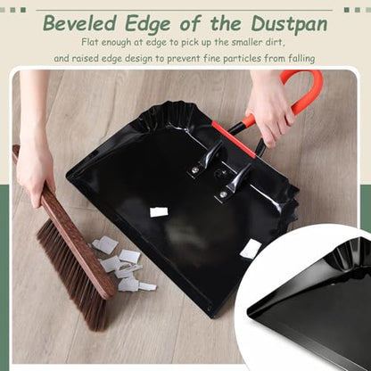 Pasimy 2 Pack 17" Metal Dust Pan and Brush Set, Large Heavy Duty Handheld Industrial Dustpan with Handle Debris Sweeping Tool Metal Edge Flat Against Floor for Outdoor Patio Yard Garage (Black) - color: Black