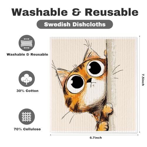 5 Pcs Cartoon Cute Peeking Kitten Swedish Dishcloths, Kitty Swedish Dishcloth, Funny Cat Dish Cloths for Drying Dishes, Reusable Cleaning Cloths, Cat Lover Gifts for Women 2 - color: Lm 03433