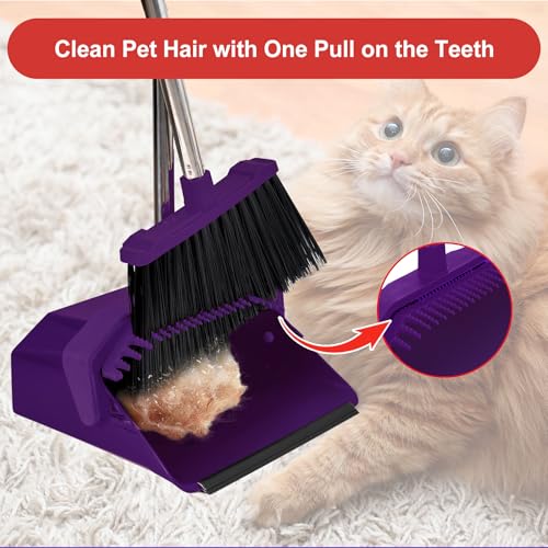 Tiumso Broom with Dustpan Combo Set, Broom and Dustpan Set with 51'' Long Handle, Dust Pan and Brooms, ZeroGap Lip, Self-Cleaning Dustpans Teeth for Lobby Kitchen Restaurant - Purple - color: Purple