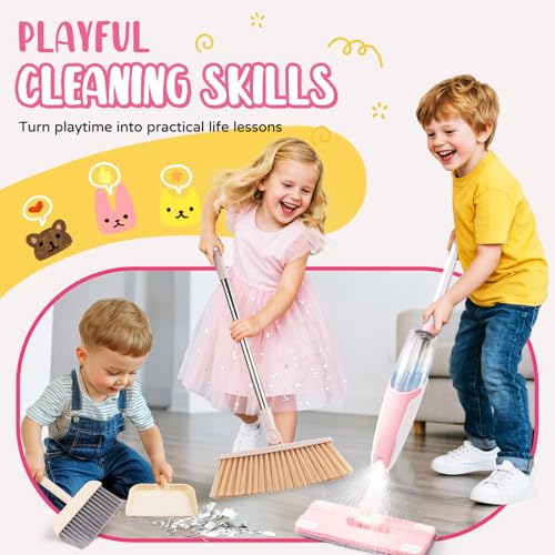 Kids Cleaning Toy Set,Pink Mini Spray Mop Montessori Toys Pretend Play Cleaning Tool for Toddlers with Spray Mop & Kids Broom Dustpan Set Cleaning Toys Gift for Toddlers Girls Boys Age 3+ - size: Pink, style: Cleaning Set