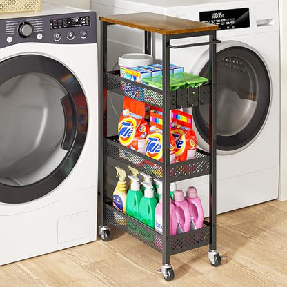 XYZLVSI Slim Storage Cart 4 Tier Fruit and Vegetable Baskets for Kitchen Small Space, Narrow Laundry Cart on Wheels with Wooden Top and Metal Handle for Pantry, Bathroom, Laundry Room - size: 16.7"Dx9.1"Wx34"H