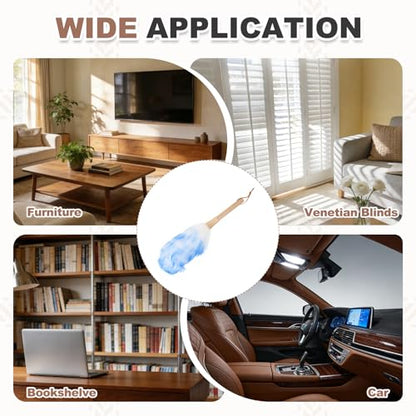 uxcell Wool Duster, 14.2" Natural Feather Cleaner Household Cleaning Duster with Solid Wooden Handle for Cleaning Fans Window Blinds Shelves Furniture, White Blue - color: White Blue, size: 14.2"