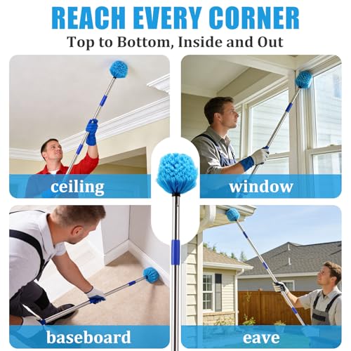 Cobweb Duster with Extension Pole - 8 FT Lightweight Stainless Steel Extendable Duster Ceiling Fan Duster for High Ceilings, Medium Stiff PET Bristle Spider Web Brush for Indoor/Outdoor Cleaning - size: 8FT
