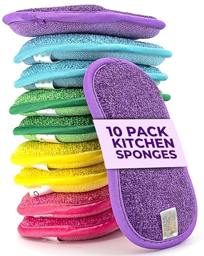 – 10 Kitchen Sponges Pack– Washable and Reusable Dishes Sponge Rubber – 6 X 3 inches - Multicolored