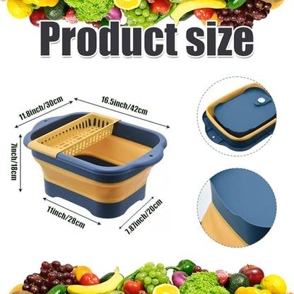 Collapsible Dish Basin with Portable Sink, 11L(2.91 Gallon) Collapsible Bucket with Drain Plug, Foldable Sink Tub Dishpan Wash Basin for Vegetable Washing Camping RV Kitchen (Blue) - color: Blue