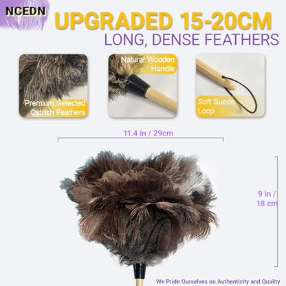 NCEDN Genuine Ostrich Feather Duster 15 inches – Soft Dense Real Feathers, Wooden Handle, Feather Duster for Cleaning Furniture, Blinds & Car Interior - color: Beige + Natural