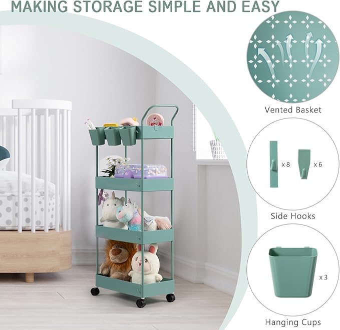danpinera Slim Storage Cart on Wheels, 4 Tier Narrow Laundry Cart with Hooks Hanging Cups Dividers Mobile Rolling Lash Cart with Handle for Bathroom Small Spaces, Green - style: 4 Tier Green