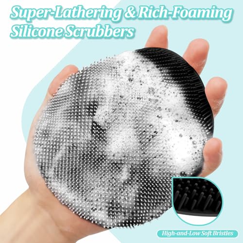 Silicone Back Scrubber & Bath Glove Set 2PCS, 13.4'' Gentle Shower Back Scrubber with Dual-Side Head Non-Slip Handle, 360° Anti-Slip Hand-fit Bath Glove for Rich Foaming Deep Cleaning(Black) - color: Black*2