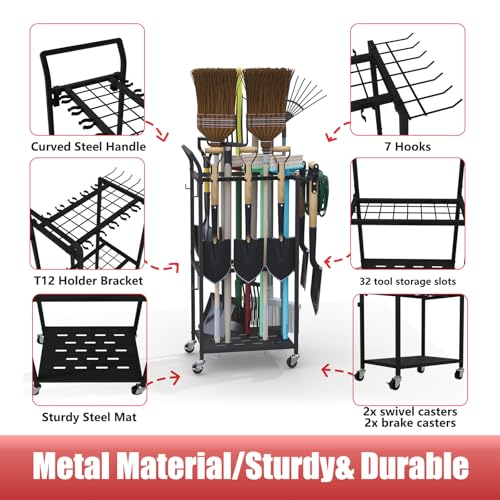 Faesun Garden Tool Organizer with Wheels, Heavy Duty Rolling Yard Tool Rack with 14 Hooks & 5 Slots, 3-Tier Metal Cart Holds 50+ Rakes/Shovels/Brooms, Mobile Lawn Storage for Garage Shed Outdoor - size: Stand-Wheels
