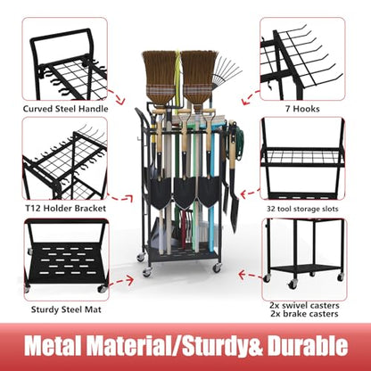 Faesun Garden Tool Organizer with Wheels, Heavy Duty Rolling Yard Tool Rack with 14 Hooks & 5 Slots, 3-Tier Metal Cart Holds 50+ Rakes/Shovels/Brooms, Mobile Lawn Storage for Garage Shed Outdoor - size: Stand-Wheels