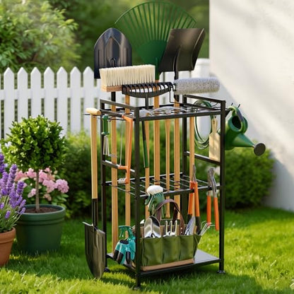 SPACECARE Garden Tool Organizer with Feet, Yard Tower Rack for Garage Organization and Storage, Up to 35 Long-Handled Tools/Rakes/Brooms, Heavy Duty Steel Garden Tool Stand for Shed, Outdoor, Black - style: RACK-with Feet