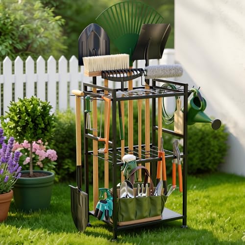 SPACECARE Garden Tool Organizer with Feet, Yard Tower Rack for Garage Organization and Storage, Up to 35 Long-Handled Tools/Rakes/Brooms, Heavy Duty Steel Garden Tool Stand for Shed, Outdoor, Black - style: RACK-with Feet