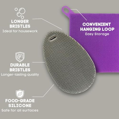 Silicone Dish Sponge Dish Scrubber (Oval and Square) - Dual-Sided, Food Grade Silicone Sponges for Dishes and Housecleaning 2-Pack - color: 2 Pack Grey + Purple