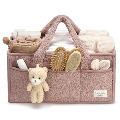 PeraBella Baby Diaper Caddy Organizer with Handle, Boy & Girl Shower Gift Basket, Portable Diaper Storage Basket Bin for Wipes, Newborn Baby Essentials Registry Search Must Haves, Car Caddy Organizer - color: Powder Pink