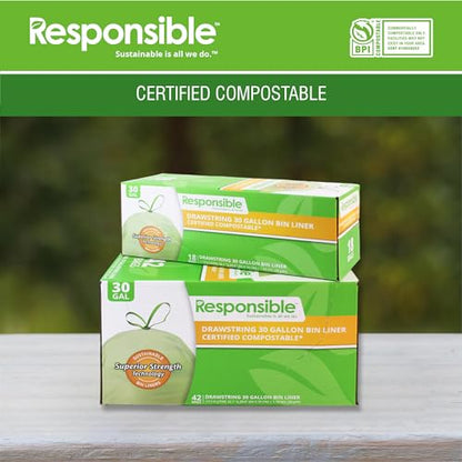 Responsible Products Kitchen Bin Liners, Certified Compostable, Heavy Duty Multipurpose Food Scrap Bags, Made from Compostable Materials (30 Gallon Drawstring, (18 Count)) - size: 30 Gallon (18 Count), style: 30 Gallon Drawstring