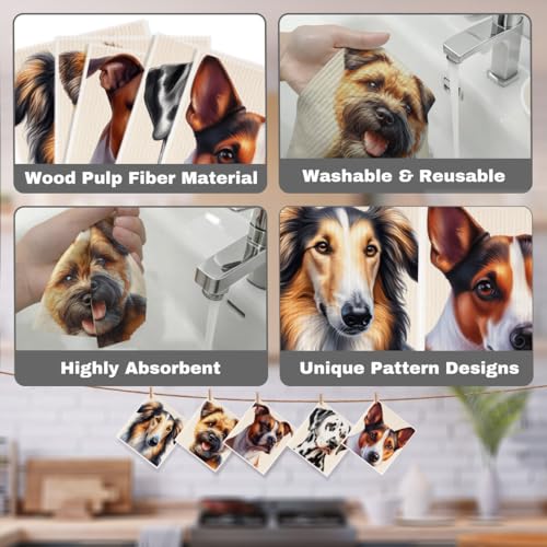 5 Pcs Cute Doggy Swedish Dishcloths, Dalmatian & Border Terrier Swedish Dishcloth, Rough Collie Dish Cloths for Drying Dishes, Reusable Cleaning Cloths, Dog Lover Gifts for Women - color: Lm 03428