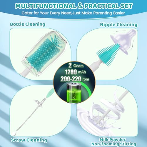 IvyWind Electric Travel Baby Bottle Brush Set with Storage Box, Automatic Bottle Cleaner Brush Kit with Silicone Bottle/Nipple/Straw Brush, Milk Frother Electric and Drainage Rack, Rechargeable, Green - color: Green