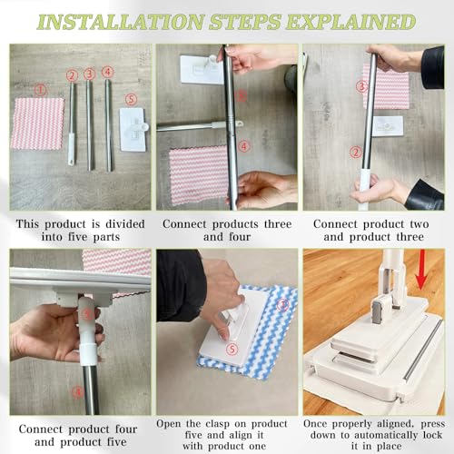 Quick Grip Mini Mop, Zero Touch MiniMop, Disposable Clip Mopstick Reusable Cloths, Retractable Gap Dust Cleaner Flat Mops with Locking Head & Sweeping Cloths (1*mop+10*Cloth)