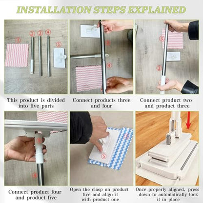 Quick Grip Mini Mop, Zero Touch MiniMop, Disposable Clip Mopstick Reusable Cloths, Retractable Gap Dust Cleaner Flat Mops with Locking Head & Sweeping Cloths (1*mop+10*Cloth)