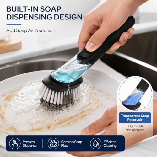 Soap Dispensing Dish Brush with Built-in Scraper, Black, for Dishes, Pots, Pans, Plates, Cookware, and Countertops