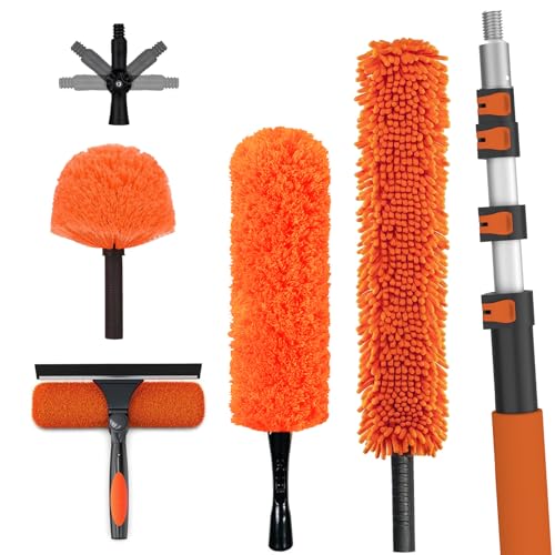 LAANPOLE 20FT High Reach Duster Cleaning Kit with Extension Pole, High Ceiling Fan Cleaner Duster Tool for Fan Blades, Window Washing Kit with Microfiber Feather Duster & Window Squeegee - size: 12FT