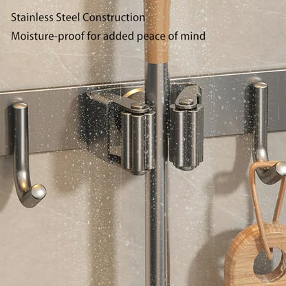 Wall-Mounted Broom Holder Stainless Steel Mop Storage Rack Laundry Room Storage Solution Suitable for Kitchens, Gardens, Garages (Black: 2 clips with 3 hooks) - color: Black: 2 clips with 3 hooks